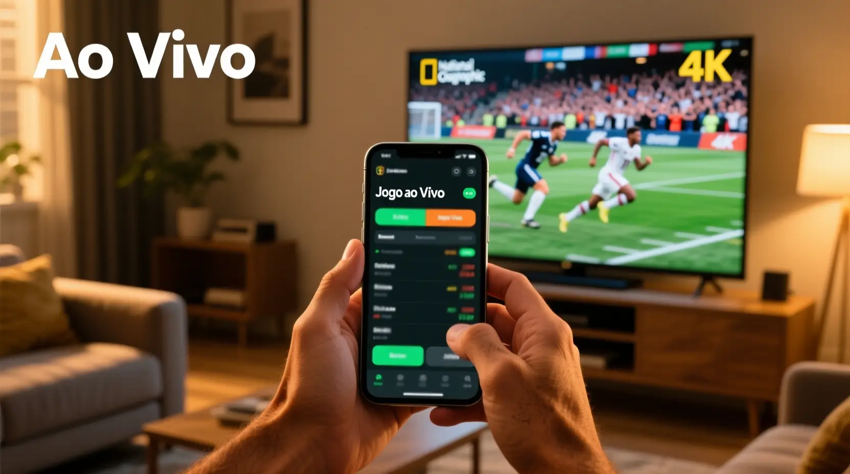 Pessoa a fazer apostas ao vivo em futebol no telemóvel enquanto assiste ao jogo na televisão