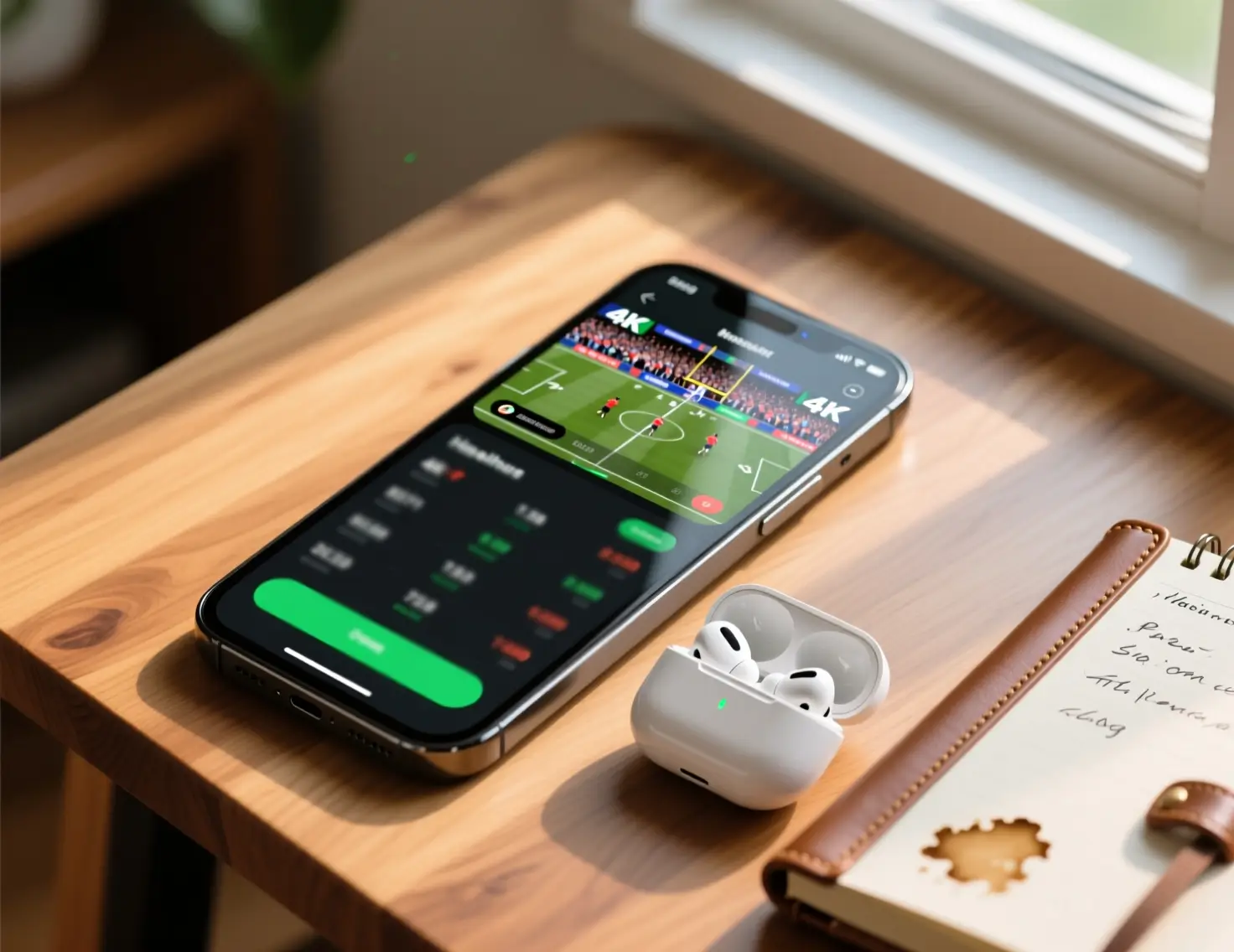 Interface de app de apostas com streaming de futebol e odds em simultâneo