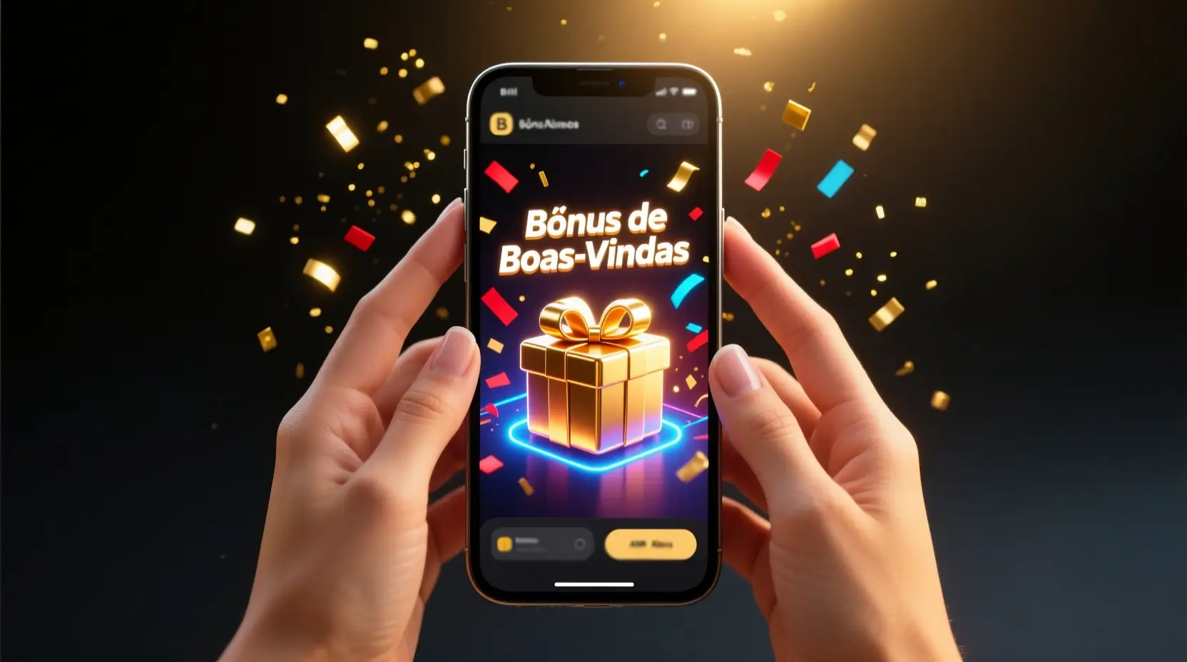 Smartphone com app de apostas exibindo notificação de bónus de boas-vindas em Portugal