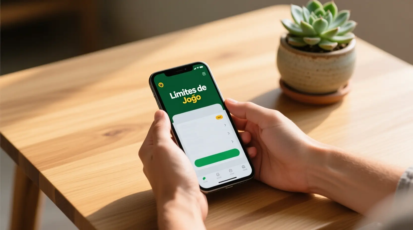 Mãos protegendo smartphone com app de apostas e definições de limites de jogo responsável