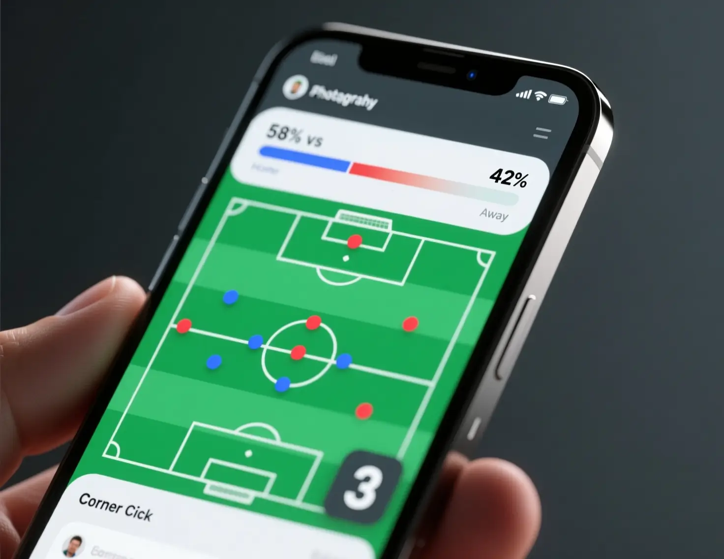 Ecrã de telemóvel com estatísticas em tempo real de jogo de futebol