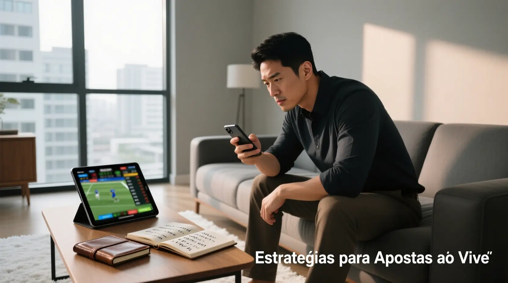Pessoa focada a analisar jogo de futebol no tablet enquanto planeia apostas ao vivo no telemóvel