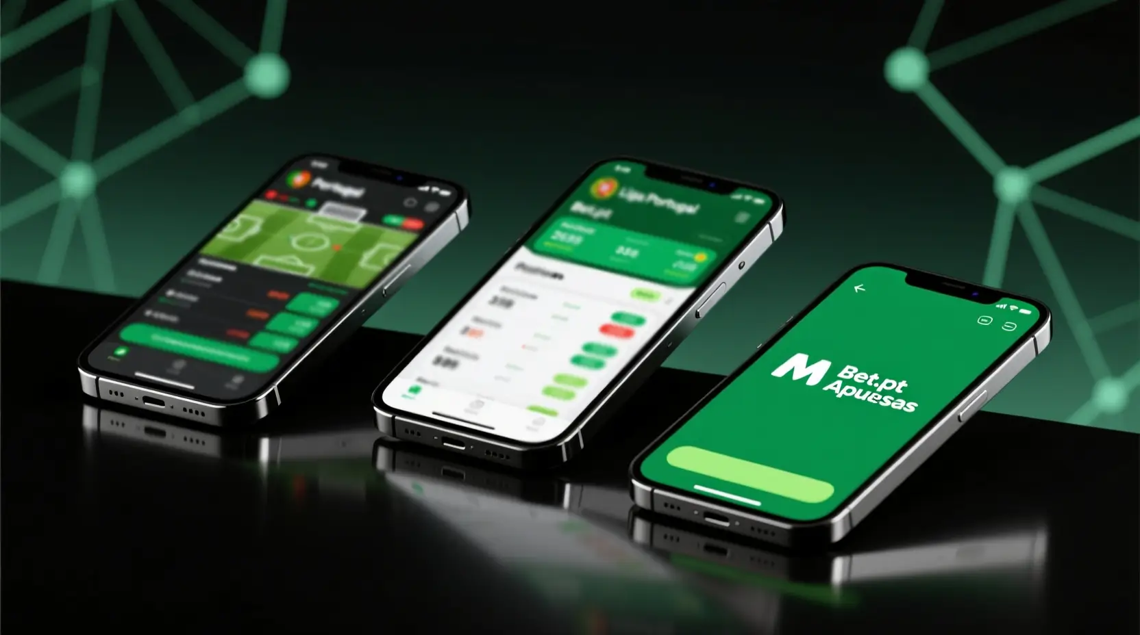Smartphones com diferentes apps de apostas portuguesas mostrando interfaces de apostas ao vivo