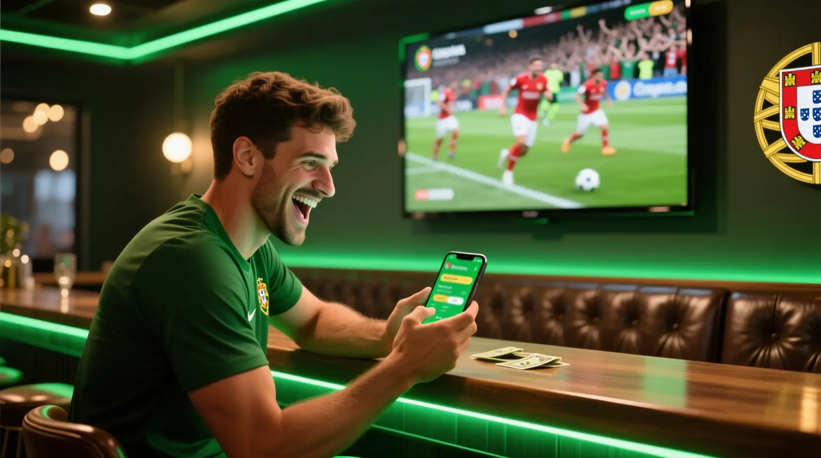 Adepto português a usar app de apostas de futebol no telemóvel durante jogo ao vivo