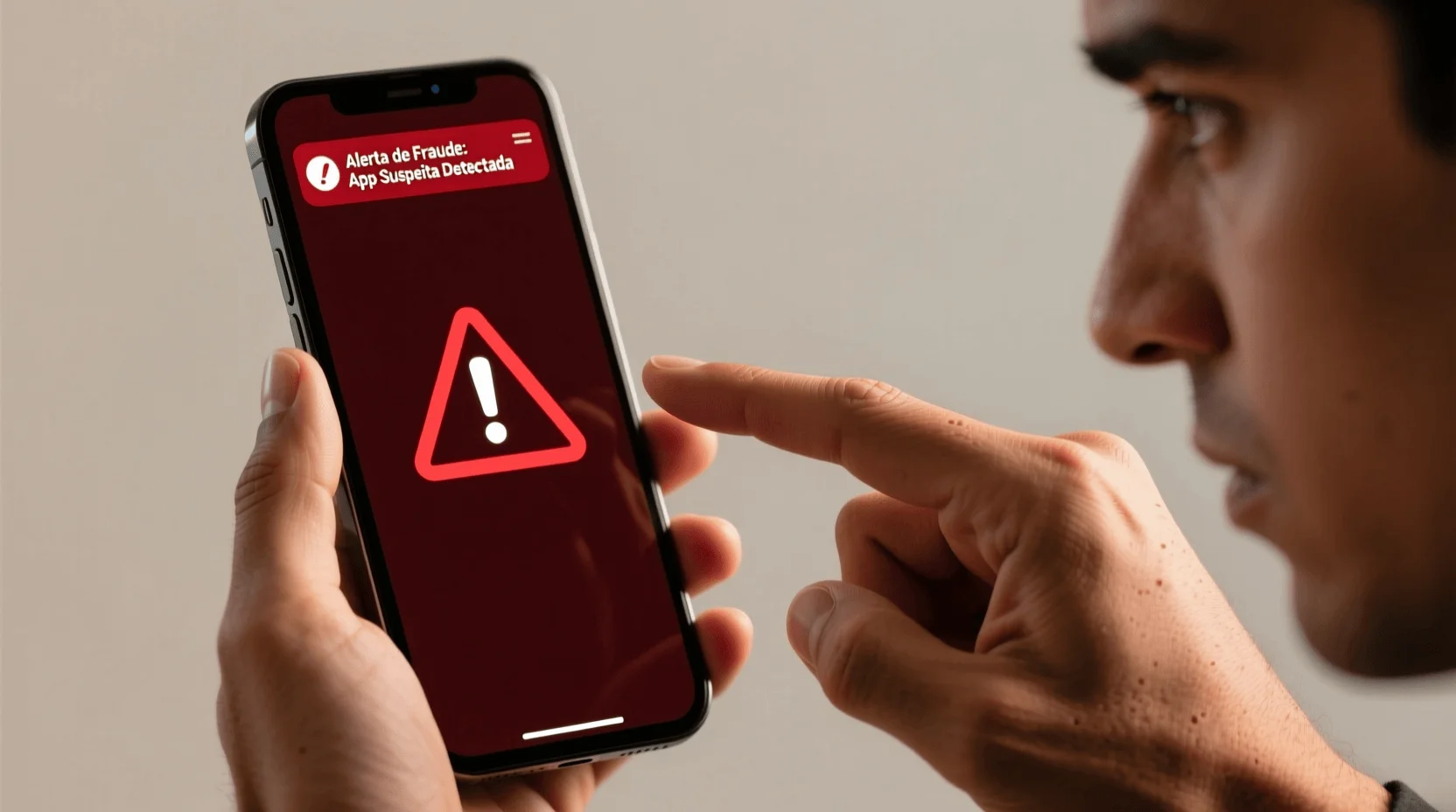 Pessoa a examinar smartphone com aviso de alerta sobre app de apostas suspeita