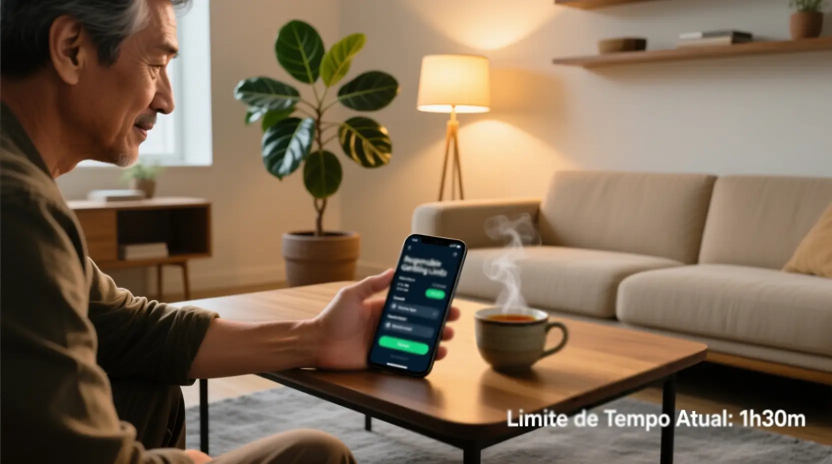 Pessoa a fazer pausa nas apostas ao vivo pousando o telemóvel com menu de limites de jogo responsável visível