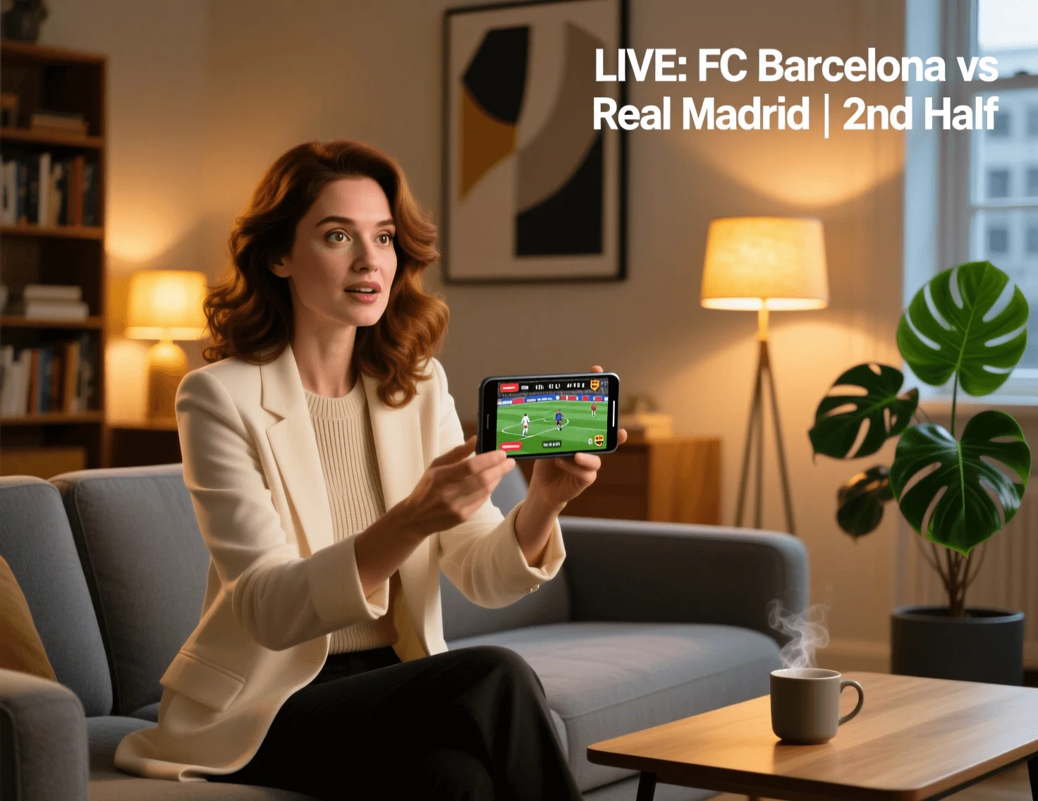 Mulher a assistir jogo de futebol em directo na app de apostas no telemóvel