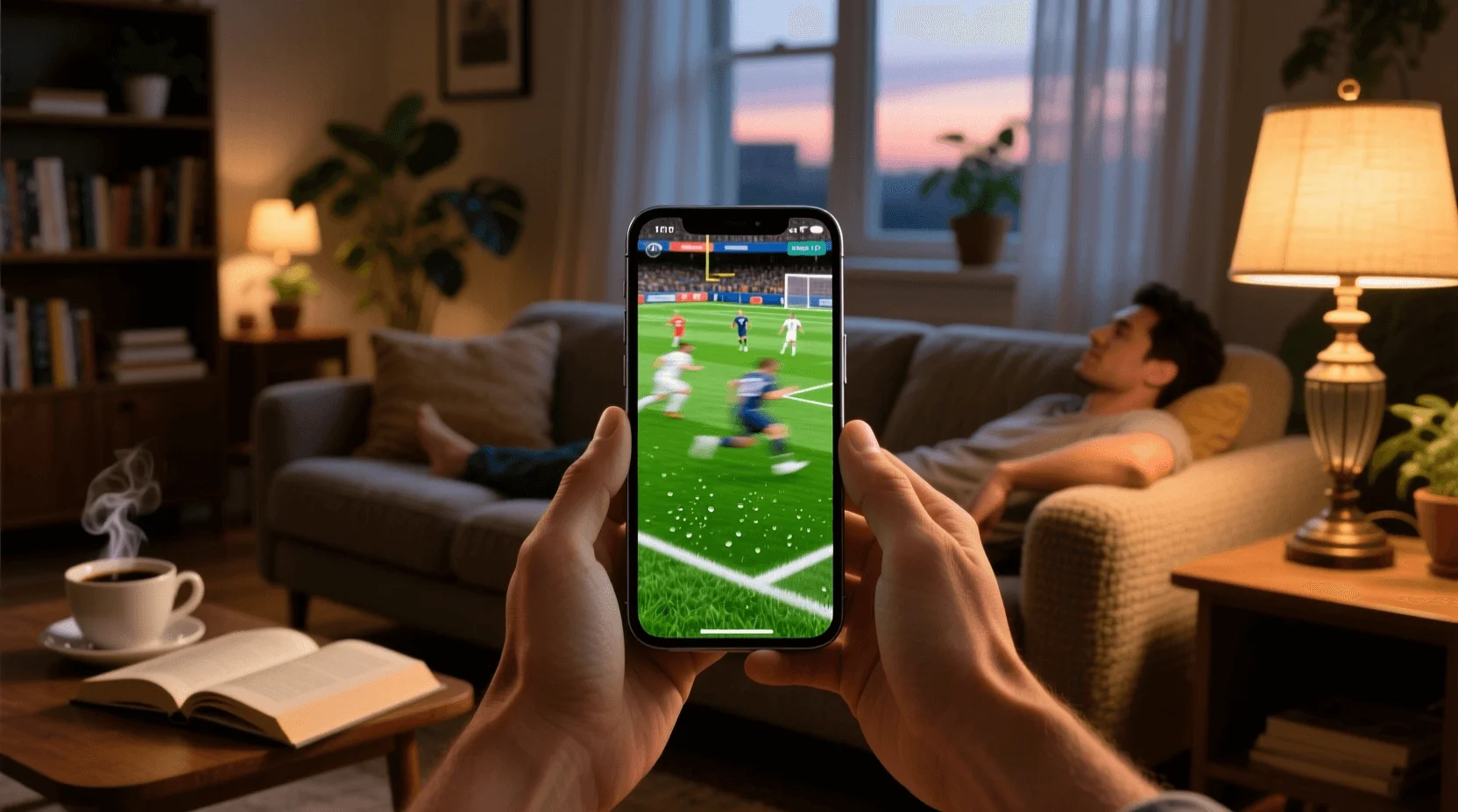 Pessoa a ver jogo de futebol em directo no telemóvel através de app de apostas