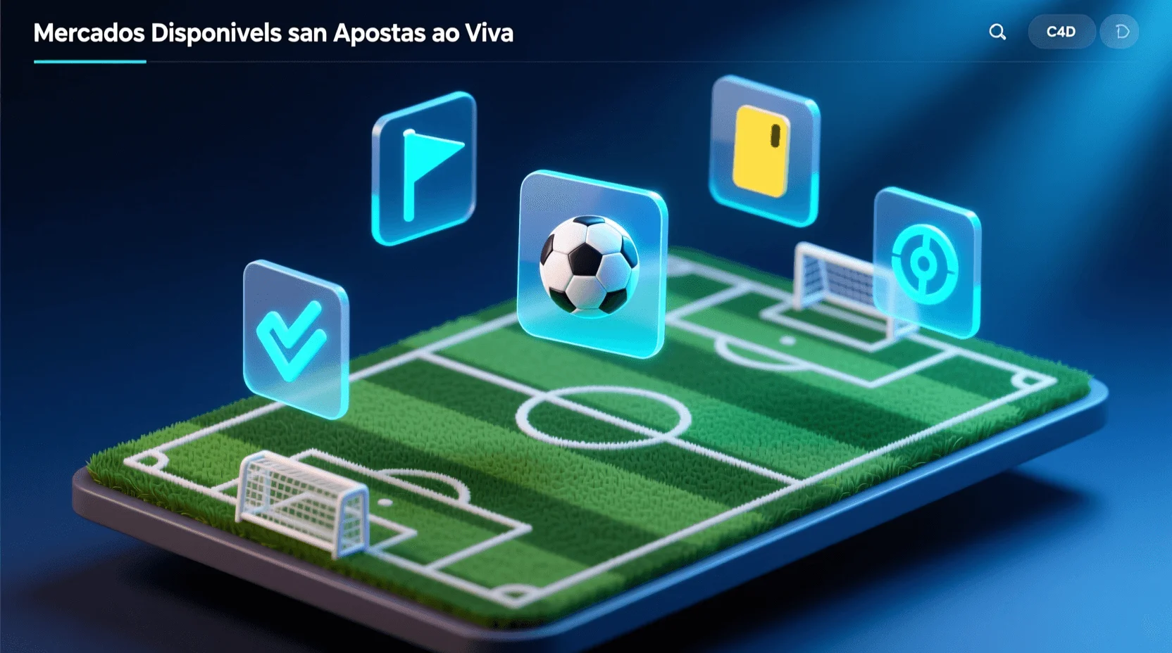 Representação visual dos diferentes mercados de apostas ao vivo em futebol incluindo golos, cantos e cartões