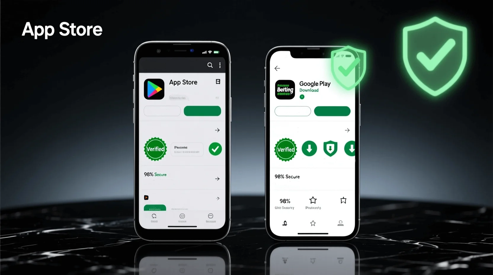 Smartphones Android e iPhone lado a lado mostrando apps de apostas verificadas nas lojas de aplicações
