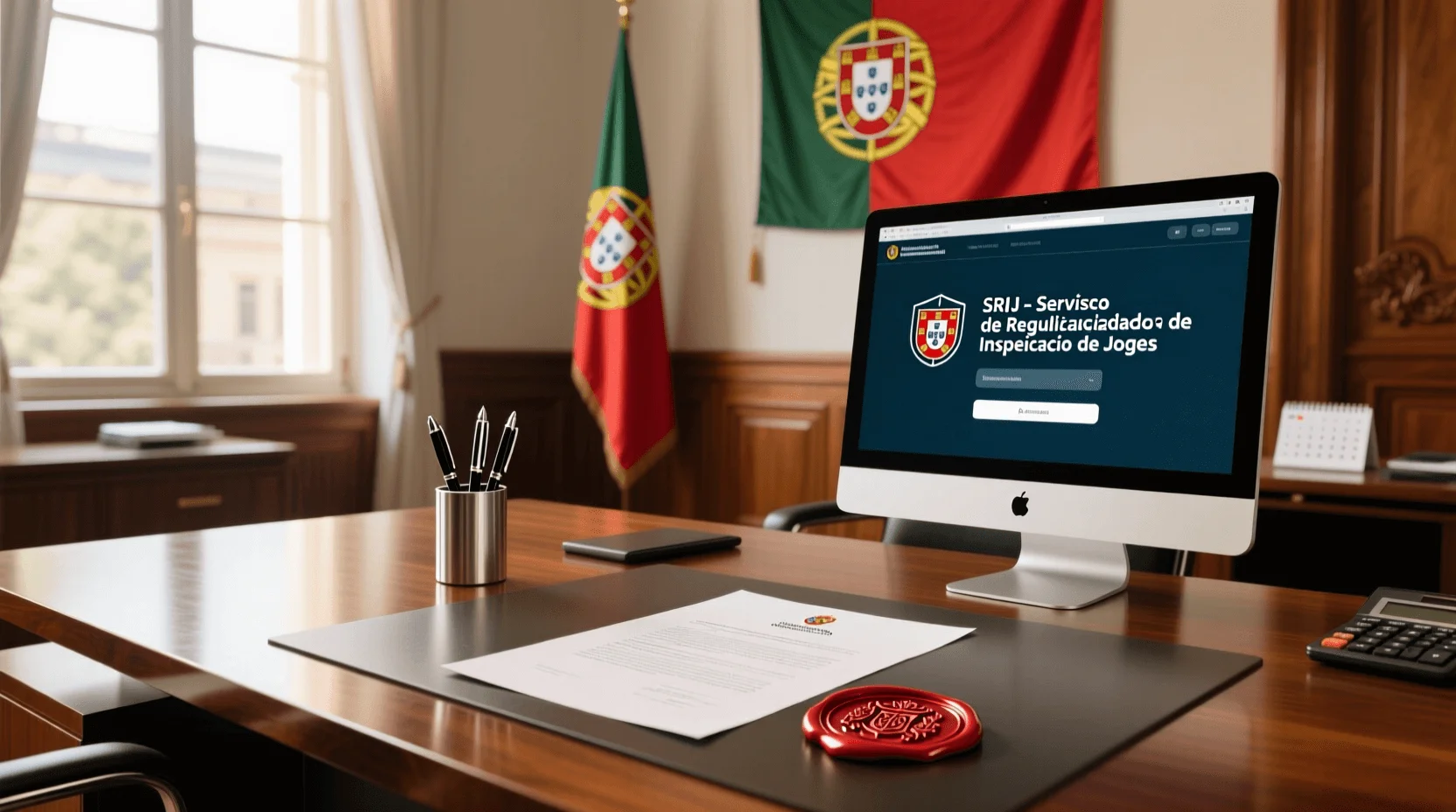 Escritório oficial do SRIJ com documentos de licenciamento e selo regulatório para apostas em Portugal