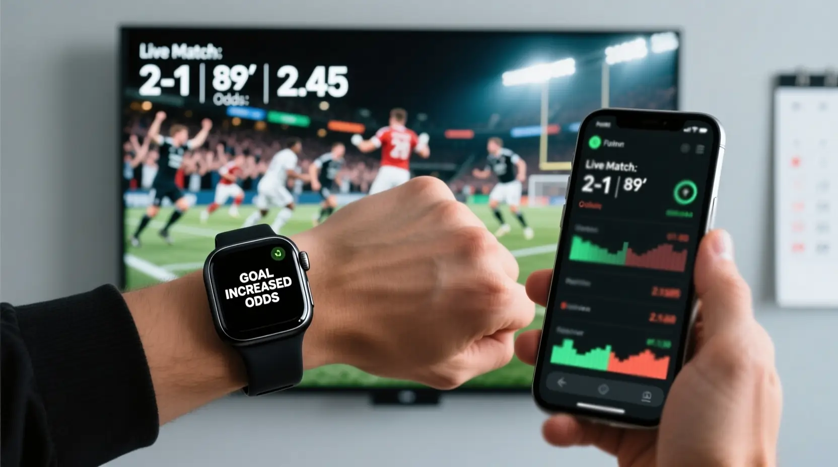 Smartwatch e smartphone mostrando notificações de apostas ao vivo com jogo de futebol no fundo